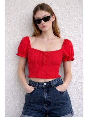 Red Smocked Puff Sleeve Crop Top